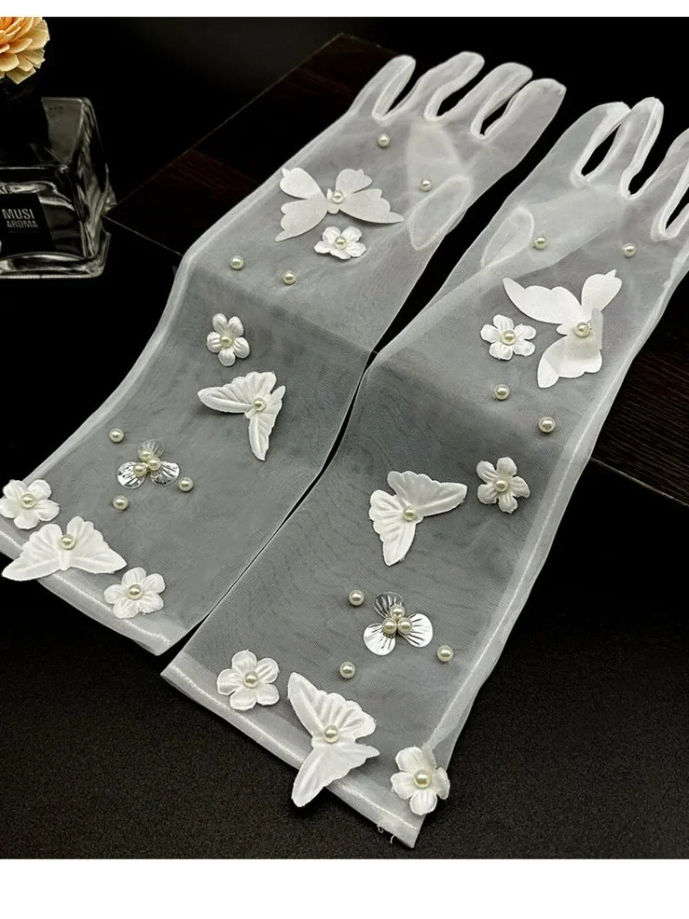 Vintage Pearl & Butterfly Sheer Tulle Wedding Gloves White Mid Length 40cm